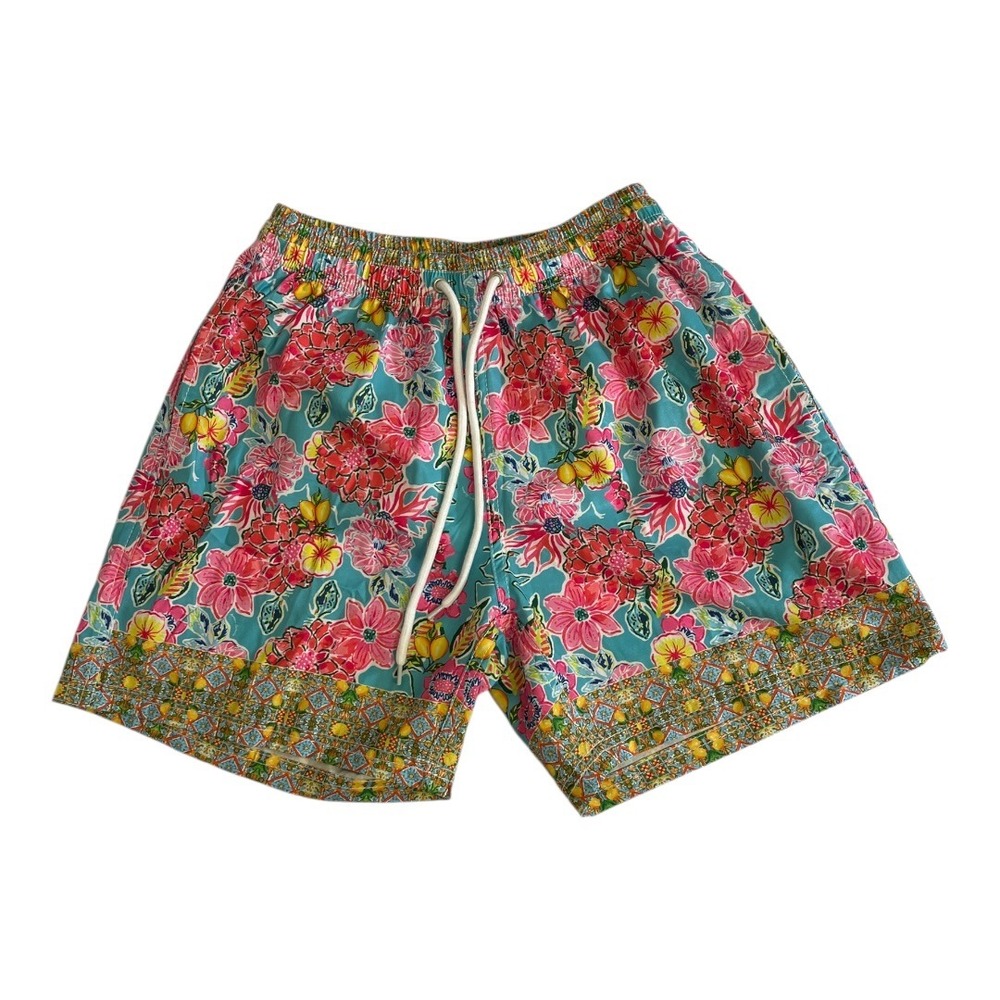 Antica Sartoria Swim Trunks Mens Small Blue Floral Lemon Print